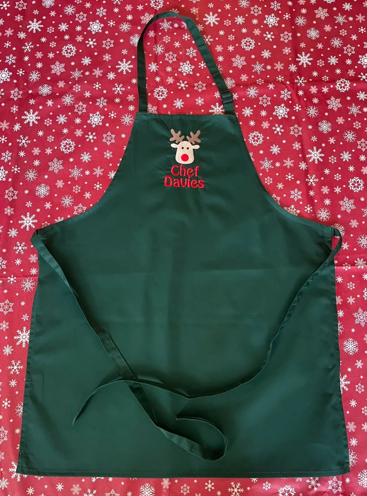 Christmas Embroidered apron, personalised with Rudolf & name. High quality