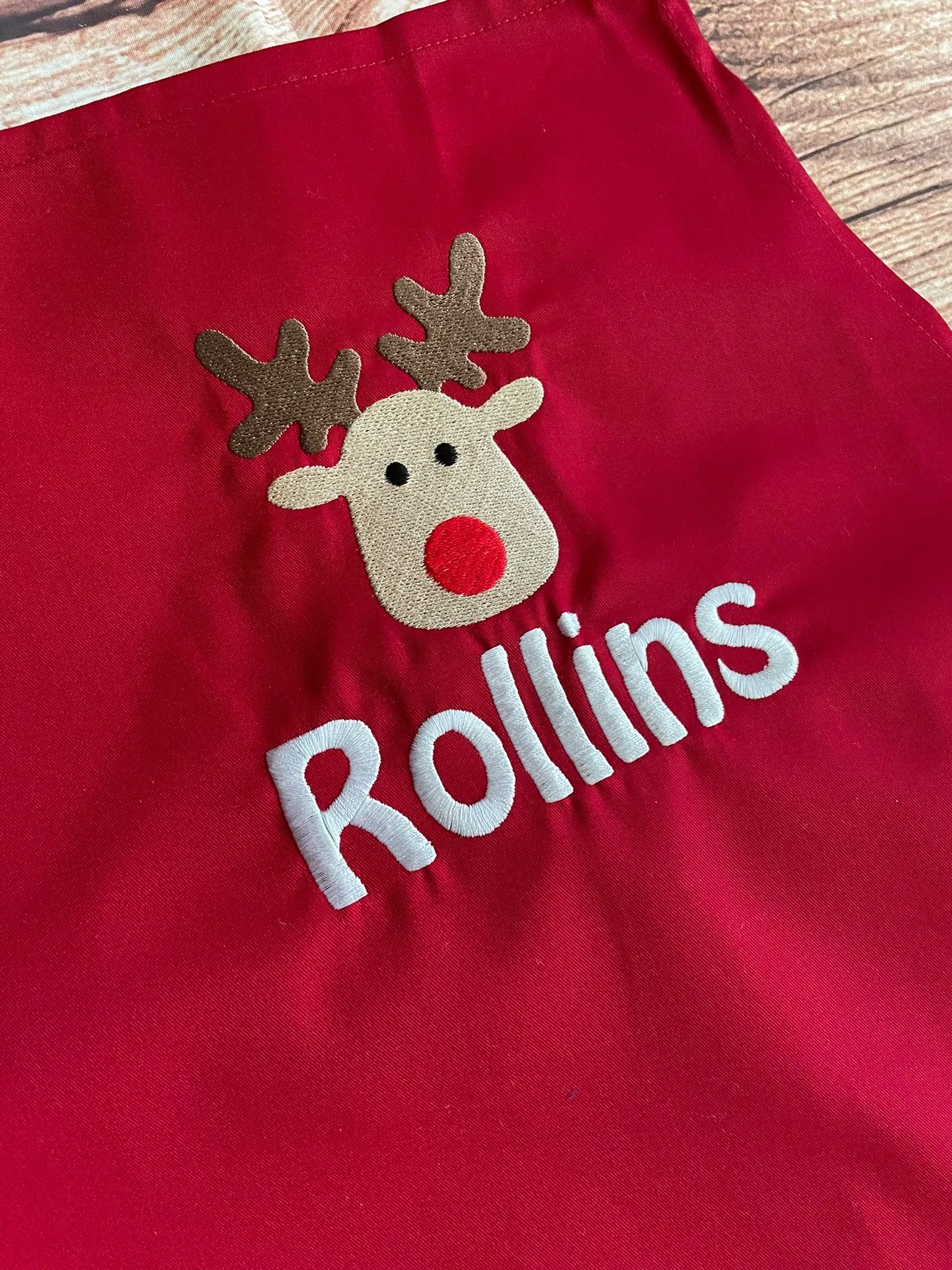 Christmas Embroidered apron, personalised with Rudolf & name. High quality
