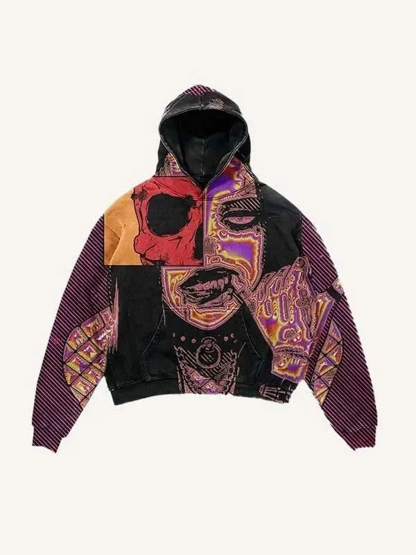 Colorblock Skull Print Pocket 3D Hoodie - Multiple Colors
