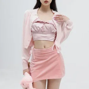 The Color of Rose Petals    Top with Optional Bottom & Cardigan Set Kawaii Academia Y2K Cottagecore Coquette Fairycore Dollette Princesscore Bottoms